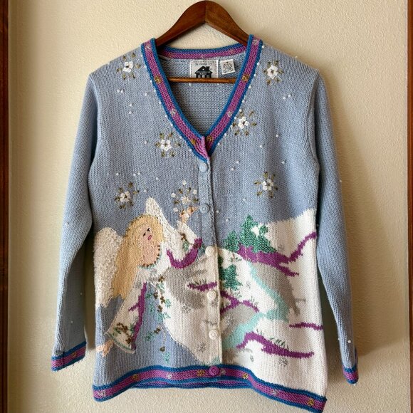 Hand Knit Storybook Cardigan Sweater Ugly Christmas Angel Snow Trees 90s Size M - Picture 2 of 11